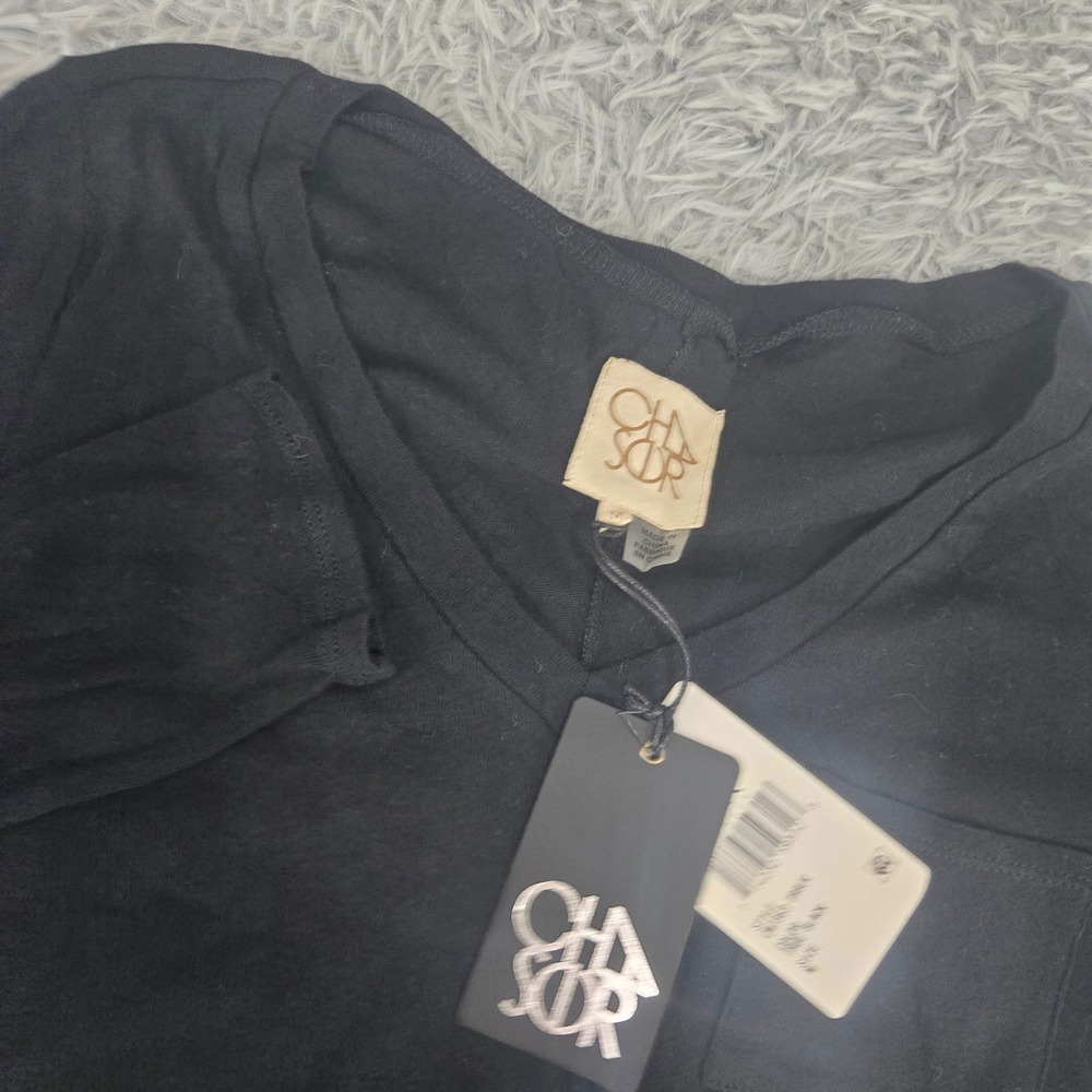 Chaser Long‎ Sleeve Pocket Tee Women Size M Black V-Neck Curved Hem CW6280-BLK